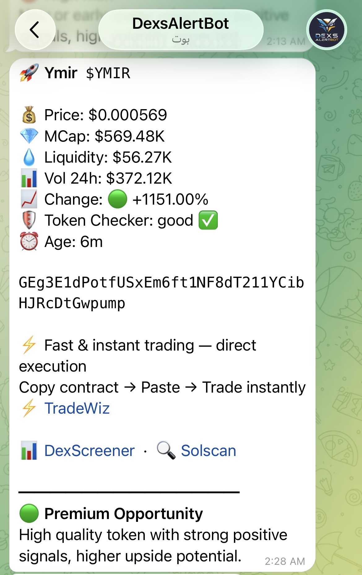 Example DexsAlertBot token alert with price, market cap, liquidity and Check Token data