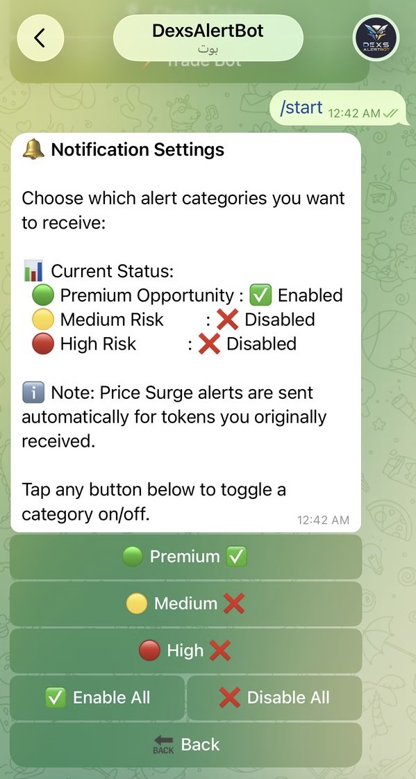 DexsAlertBot Notification Settings panel with Premium, Medium and High risk toggles
