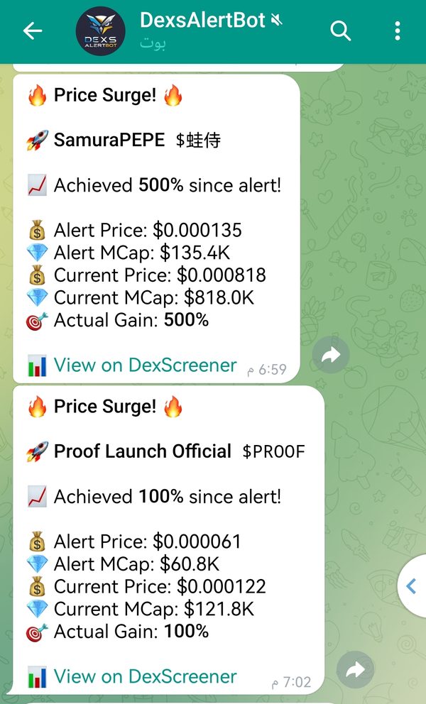 DexsAlertBot Price Surge tracking showing real gains since the alert